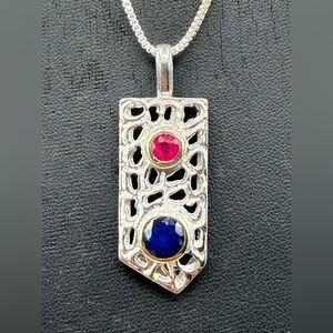 Natural Unheated Sapphire & Ruby Sterling Silver + 18k Gold Pendant Necklace
